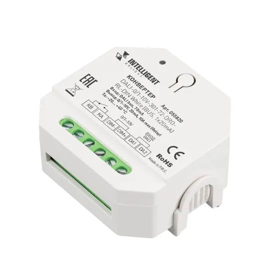 Фото товара INTELLIGENT ARLIGHT Конвертер DALI-0/1-10V-301-72-DRO-RL-DIN White (BUS, 1x20mA) (IARL, IP20 Пластик, 5 лет)