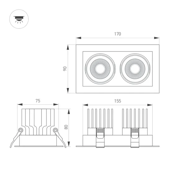 Фото #2 товара Светильник MS-VORTEX-BUILT-S170x90-2x12W Warm3000 (WH-WH, 20 deg, 230V) (Arlight, IP20 Металл, 5 лет)