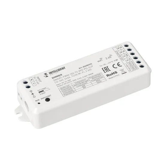 Фото товара INTELLIGENT ARLIGHT Диммер SMART-PWM-102-72-MIX-PD-SUF (12-36V, 2x5A, TUYA Wi-Fi, 2.4G) (IARL, IP20 Пластик, 5 лет)