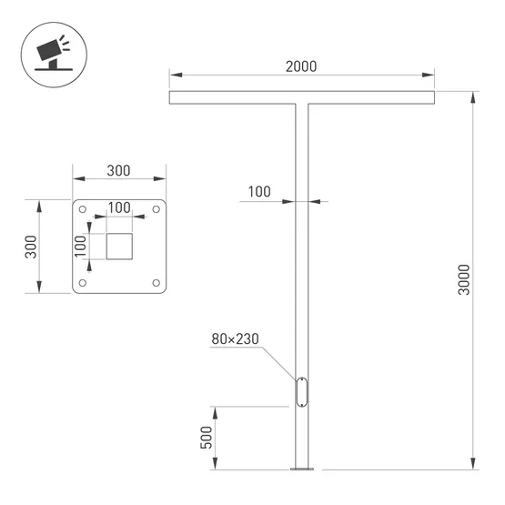 Фото #2 товара Опора OXOR-STER-T-2000x100x100-L3000-50W Warm3000 (BK, 230V) IP65 (Arlight, Сталь)